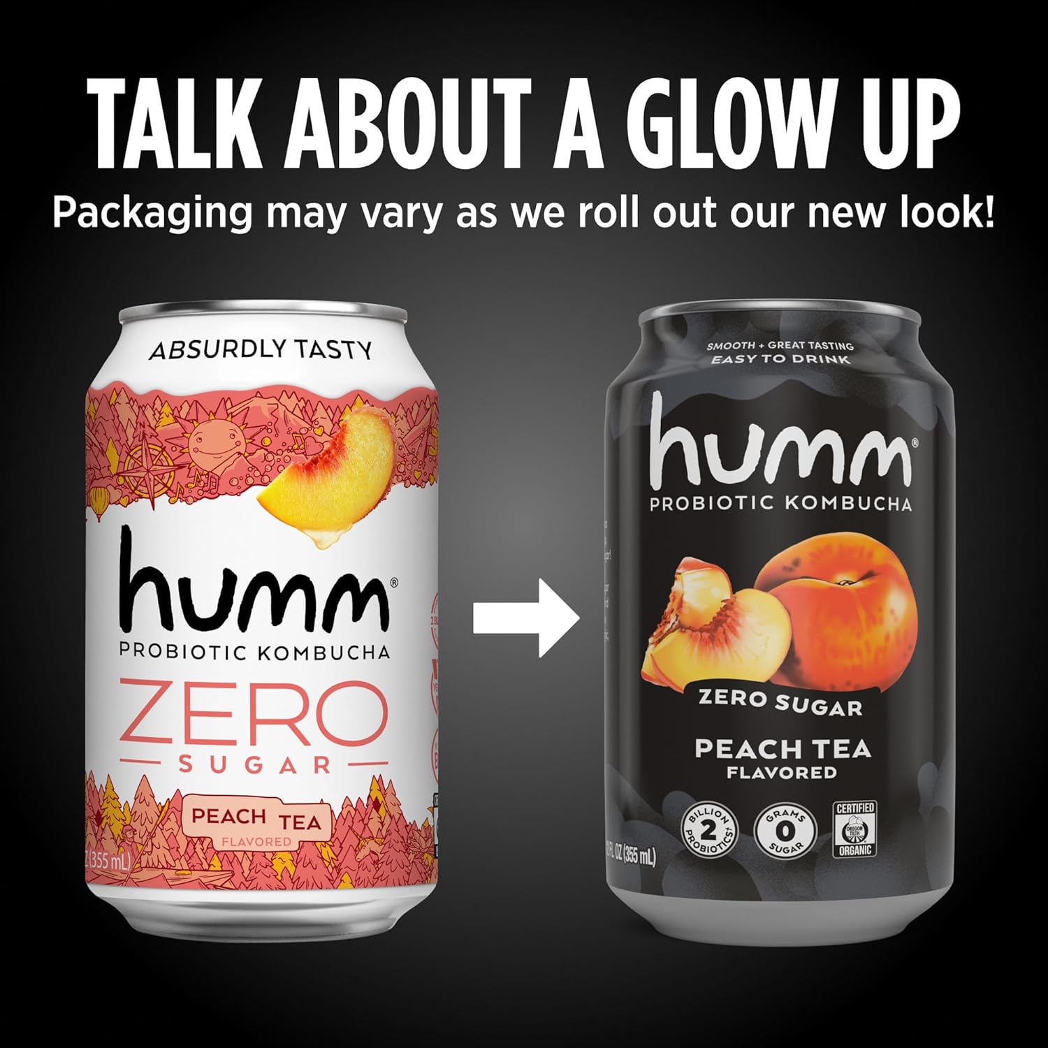 Humm Probiotic Kombucha Zero Sugar Peach Tea, No Refrigeration Needed, Keto Friendly, Organic, Vegan, Gluten Free, 12oz Cans (16 Pack)