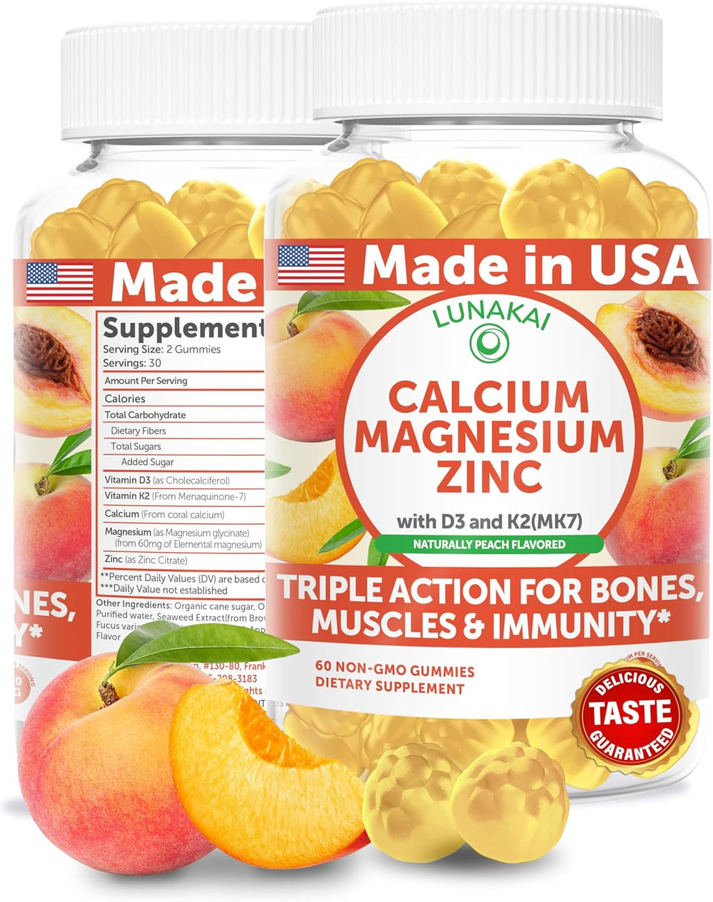 Lunakai USA Made Calcium Gummies with Magnesium, Zinc, Vitamin D3 & K2 for Women, Men & Kids – Delicious Calcium Magnesium Zinc D3 Supplement for Bone, Muscle & Immune Support, 60ct