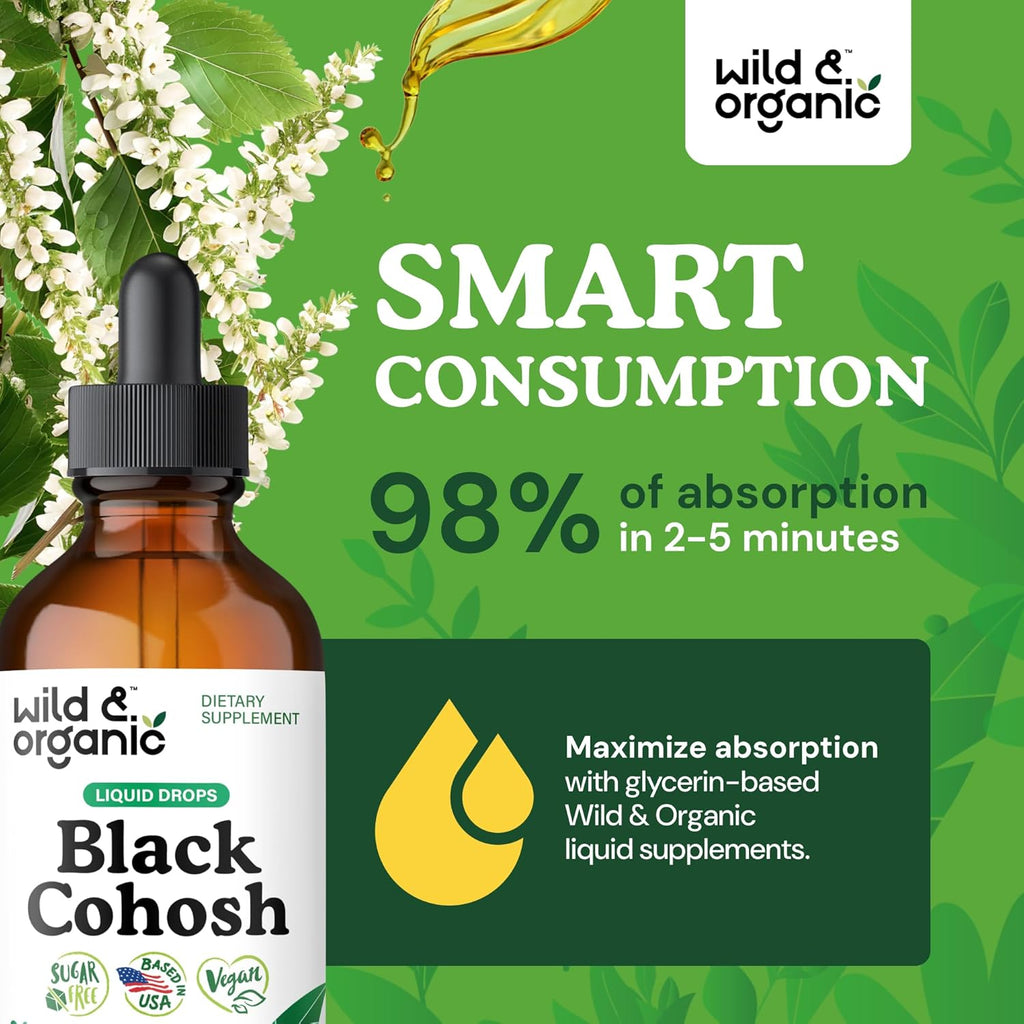 Wild & Organic Black Cohosh Tincture 540 mg - Herbal Supplements for Women - Black Cohosh Root Extract - 5-Month Supply - Vegan, Sugar & Alcohol-Free Liquid Drops - 4 fl oz