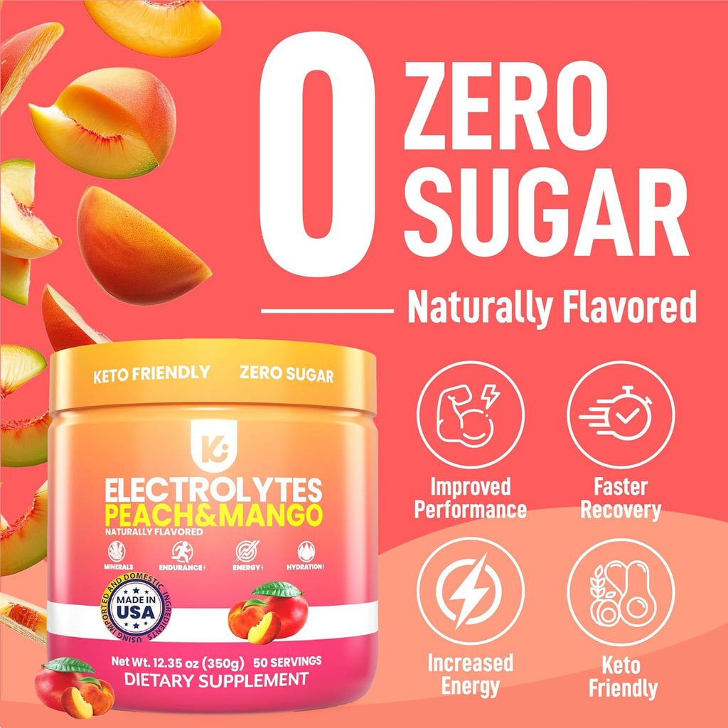 Keppi Electrolytes Powder – Peach Mango Flavor – No Sugar Hydration Supplement with Potassium, Magnesium, Sodium – 50 Servings – Keto, Vegan, Fasting-Friendly, Zero Calorie Electrolyte Drink