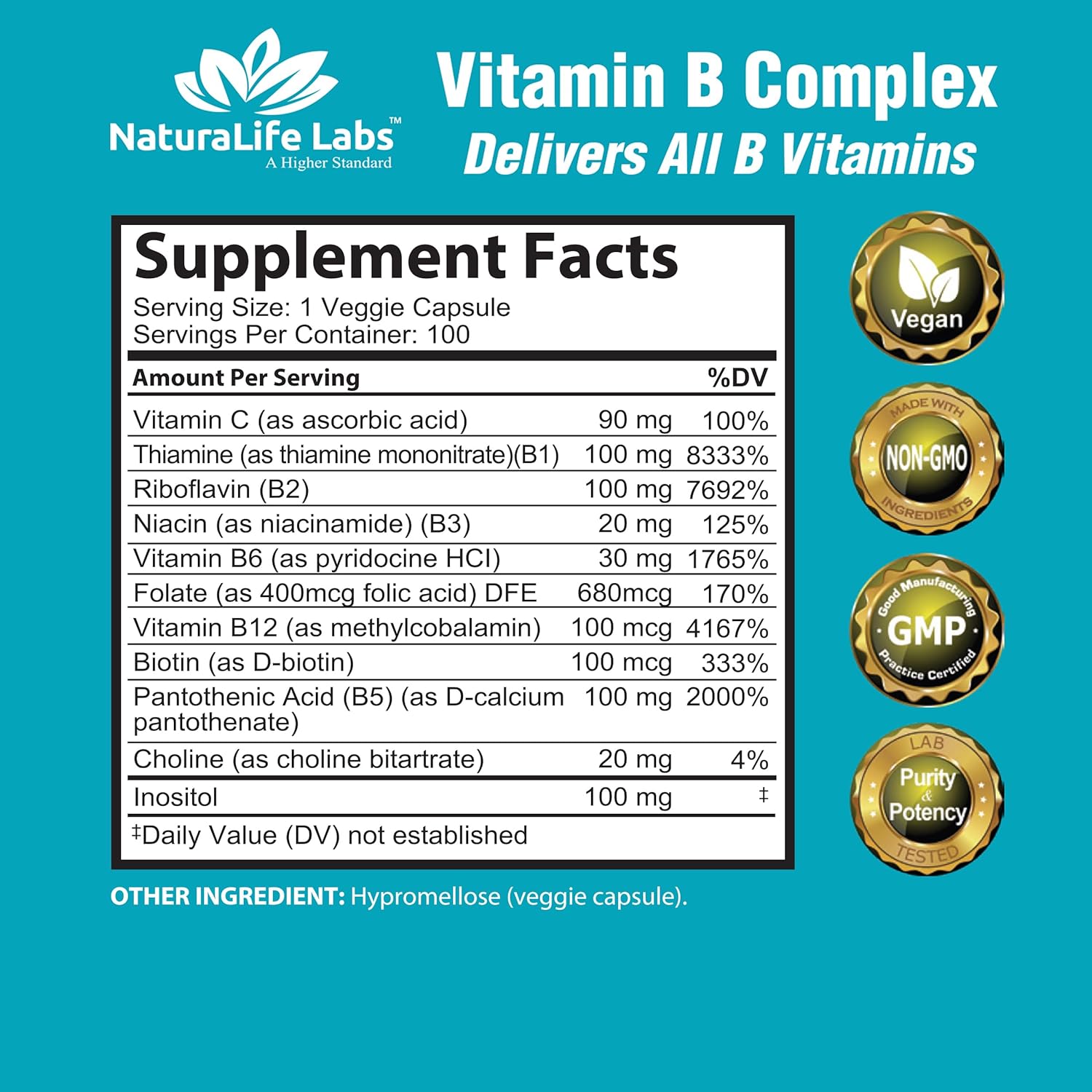 NaturaLife Labs Vitamin B Complex with Vitamin C and Folic Acid - B12, B1, B2, B3, Vitamin B5 Pantothenic Acid, B6, B7, B9 - Nervous System Support 100 Veggie Capsules