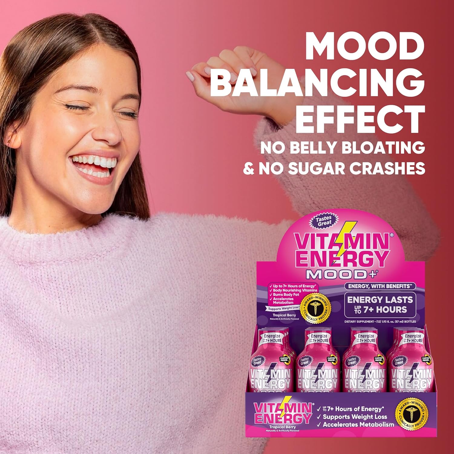 Vitamin Energy Mood+ Extra Strength Energy Shot Tropical Berry 4 Pack, 260mg Natural Caffeine, B-Vitamins, Rhodiola, Chamomile, Mood & Energy Support, Zero Sugar, Gluten-Free, Vegan, 1.93 fl oz
