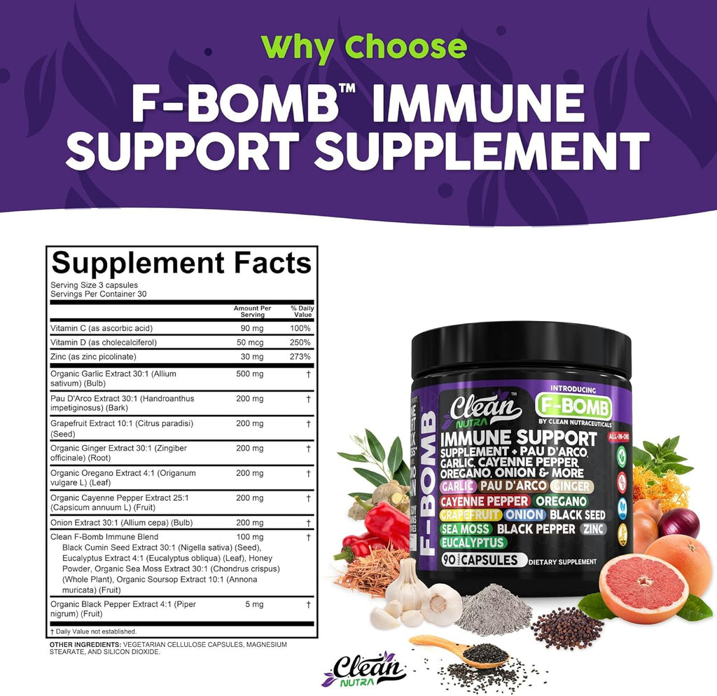 Organic Immune Support with PAU D'Arco Garlic Cayenne Pepper Oregano Ginger Grapefruit Onion Black Seed Sea Moss Black Pepper Zinc Eucalyptus Vitamin C Vitamin D Organic Soursop by Clean Nutra