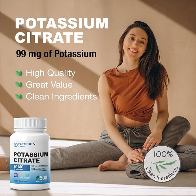 Puregen Labs Potassium Citrate 99 mg of Elemental Potassium Supplement | No Harmful Additives | Non-GMO, Gluten Free - 500 Vegetarian Capsules