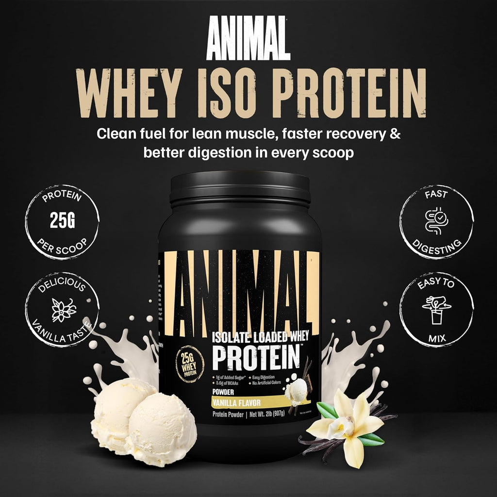 Animal Whey Isolate Protein Powder - Loaded for Pre & Post Workout Muscle Builder and Recovery with Digestive Enzymes for Men & Women - 25g Protein, Great Taste, Low Sugar - Vanilla 2 lbs