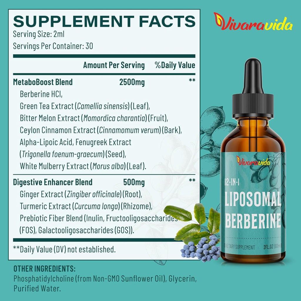 Berberine HCl Supplement 3000 mg - Liposomal Berberine HCl Liquid - AMPK Activator with Turmeric, Ceylon Cinnamon, 12 Natural Ingredients - 2 fl oz