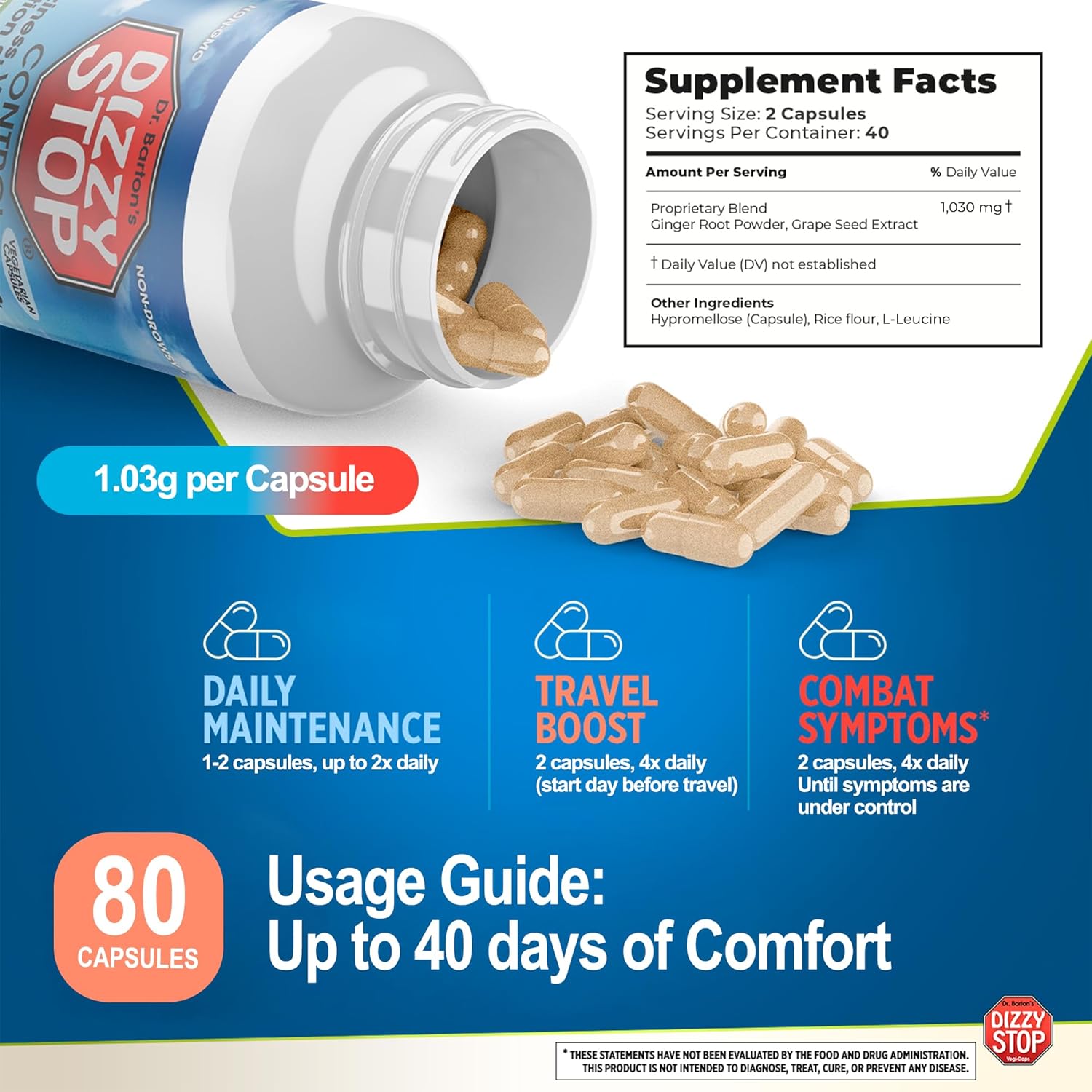 Vertigo Relief Product & Non‑Drowsy Motion Sickness Pills: Nausea and Dizziness, Ginger & Grape Seed Formula, Inner Ear Balance, Car, Cruise & Travel Essential, Stomach Support (80 Count – Pack of 3)