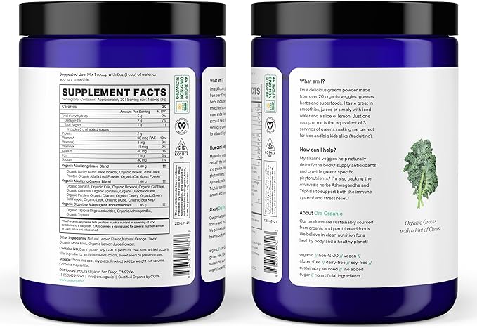 Ora Organic Greens Powder - Vegan, Gluten-Free, Organic Super Greens Drink for Energy and Detox | Antioxidants & Adaptogenic Herbs | 20+ Superfood Greens Blend - Citrus Flavor, 30 Servings