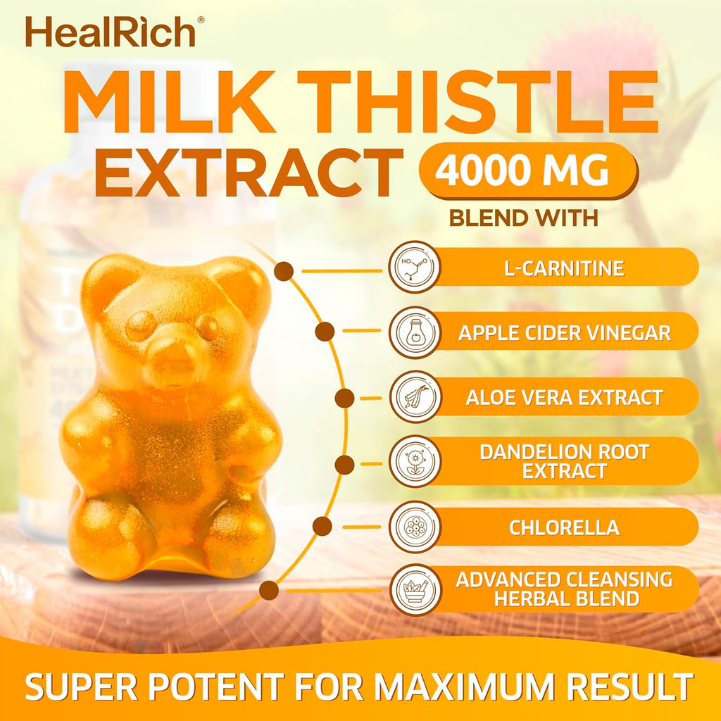 Total Detox Gummies - 4000MG Milk Thistle Extract w L-Carnitine, Apple Cider Vinegar & Ginger Root - Supplement for Liver Cleanse, Support & Repair - Vegan Supplements for Kids & Adults - Made in USA