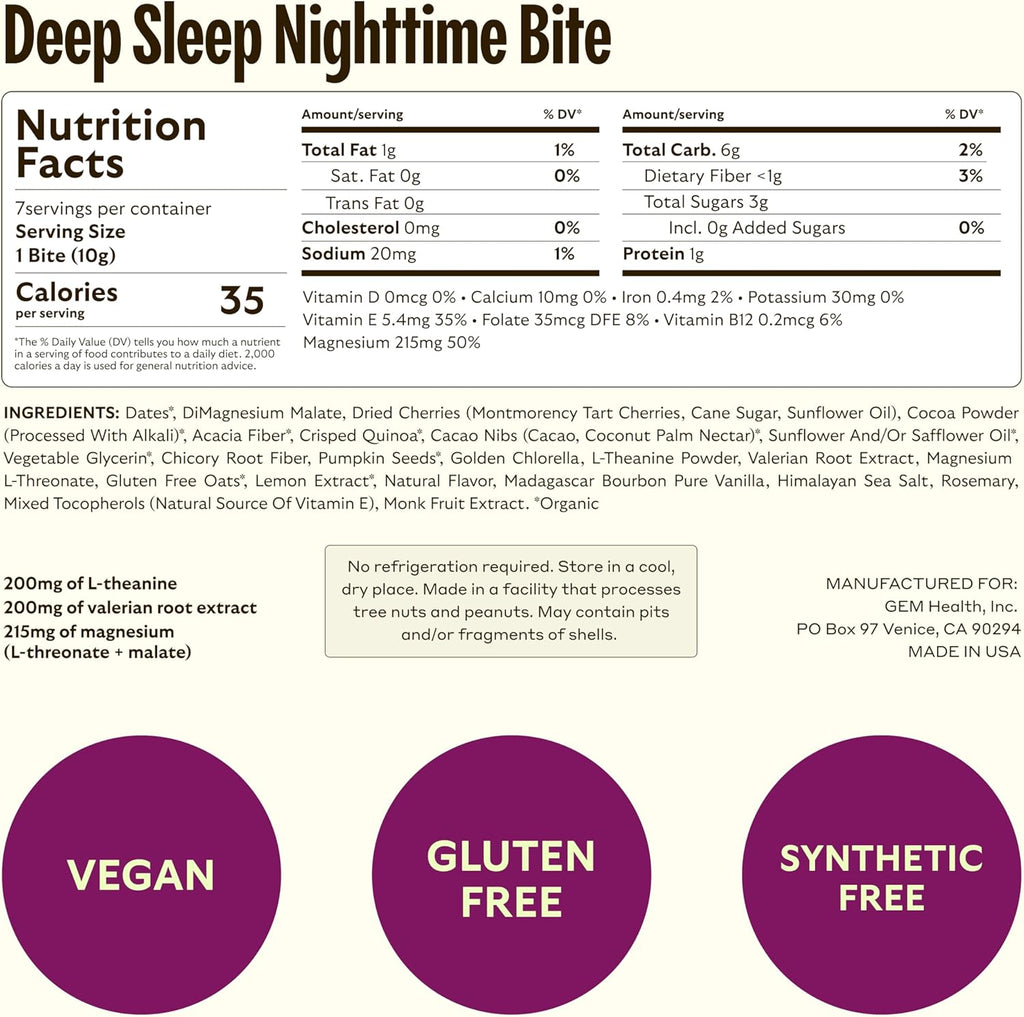 GEM Sleep Aid, Nighttime Bite, 7 Pack, Melatonin Free, L-Theanine, Magnesium, Valerian Root Extract | Vegan and Gluten Free | Earthy Chocolate Cherry, Trial Size (7 Pack)