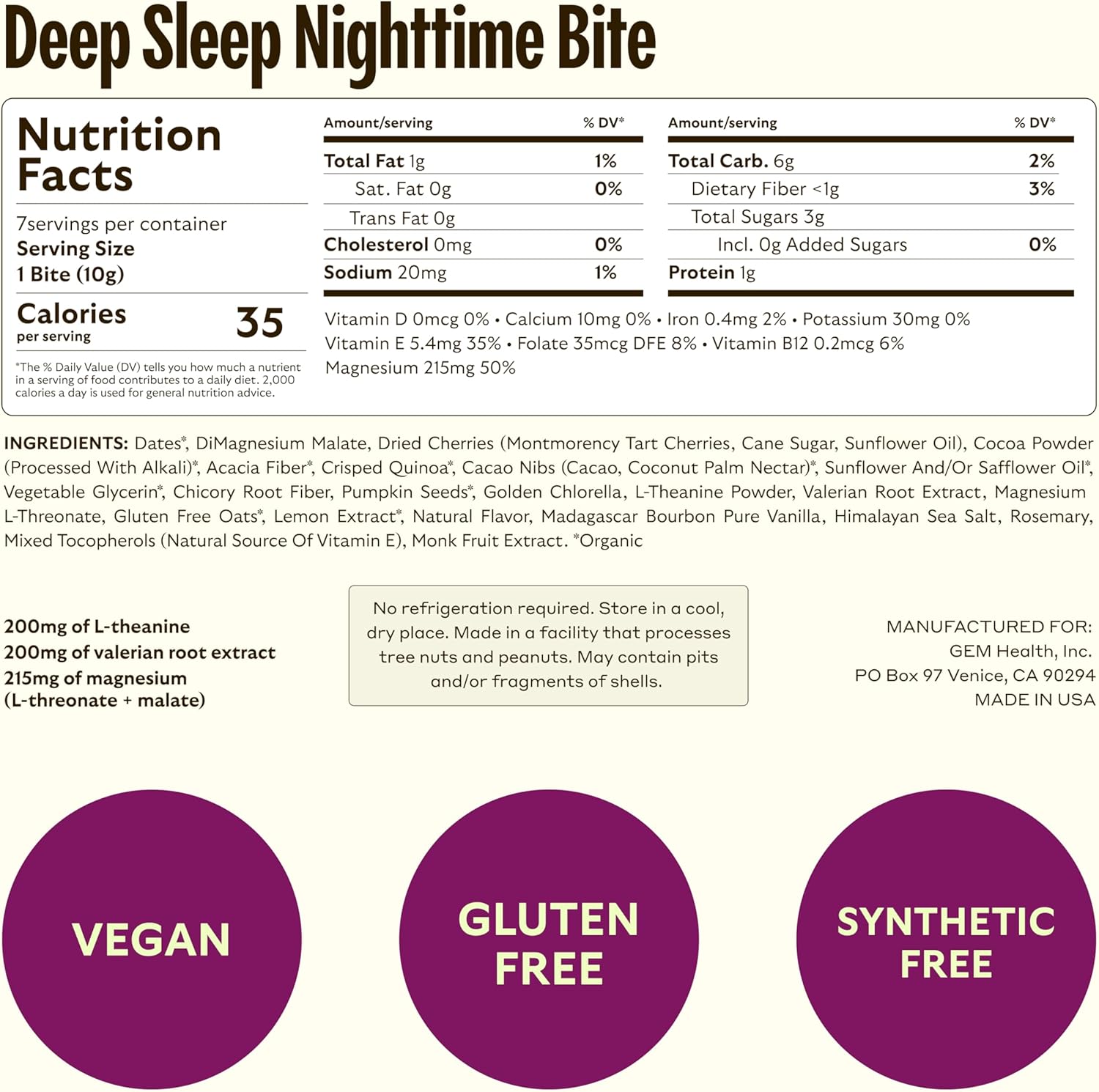 GEM Sleep Aid, Nighttime Bite, 7 Pack, Melatonin Free, L-Theanine, Magnesium, Valerian Root Extract | Vegan and Gluten Free | Earthy Chocolate Cherry, Trial Size (7 Pack)