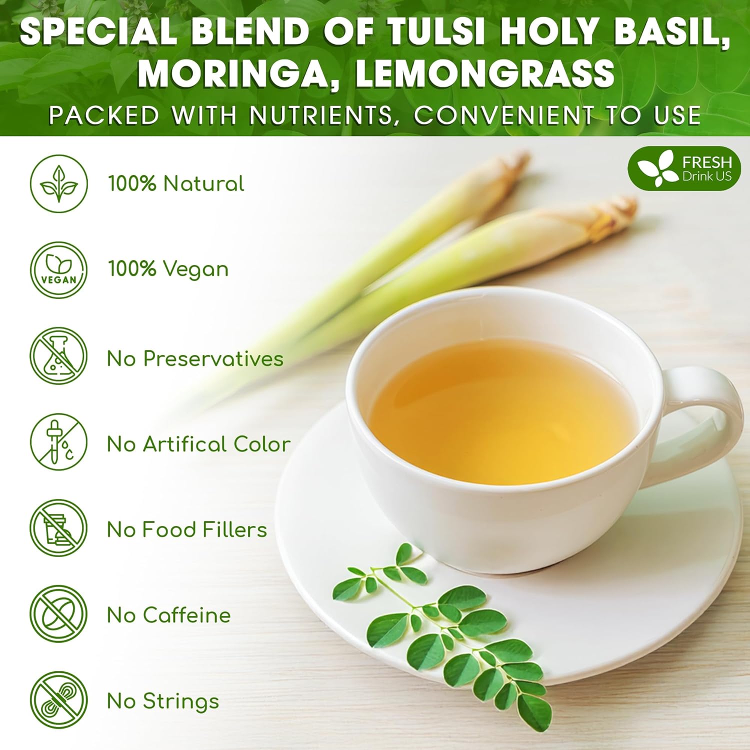 FreshDrinkUS, Premium 75 Tea Bags Tulsi Moringa Lemongrass, 100% Natural & Pure from Tulsi Holy Basil Leaves, Moringa & Lemongrass. Made with Natural Material Tea Bags. No Sugar, No Caffeine, Vegan.