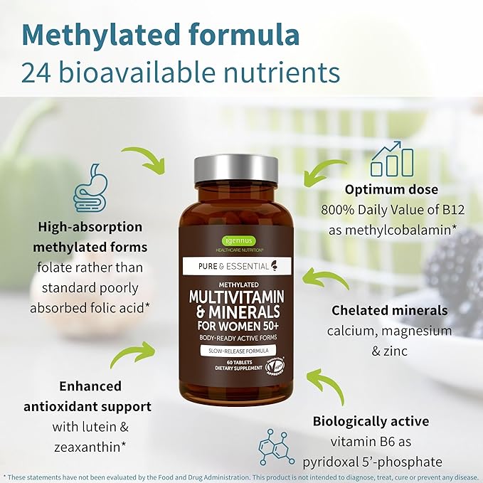 Igennus Methylated Women's 50+ Multivitamin with Calcium & Magnesium, Pure & Clean, All-Day Nutrient Delivery with High-Strength B-Vitamins, Antioxidant Support, Iron and Copper Free, 60 Vegan Tablets
