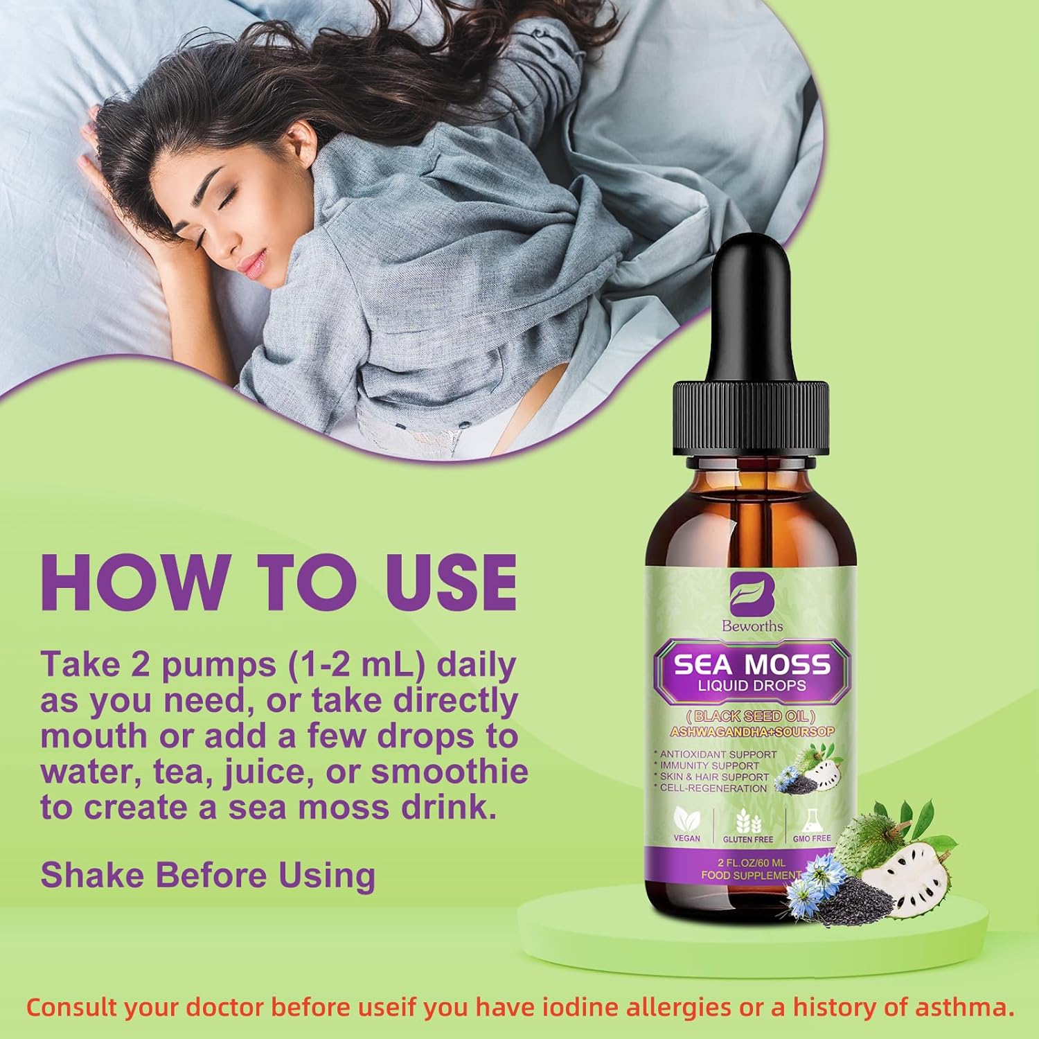 Sea Moss Liquid Drop - Black Seed Oil & Irish Sea Moss Gel with Ashwagandha, Soursop Bitters, Burdock Root, Bladderwrack, Elderberry, 6X Stronger Seamoss Supplment for Immune, Gut Health, Hair Support
