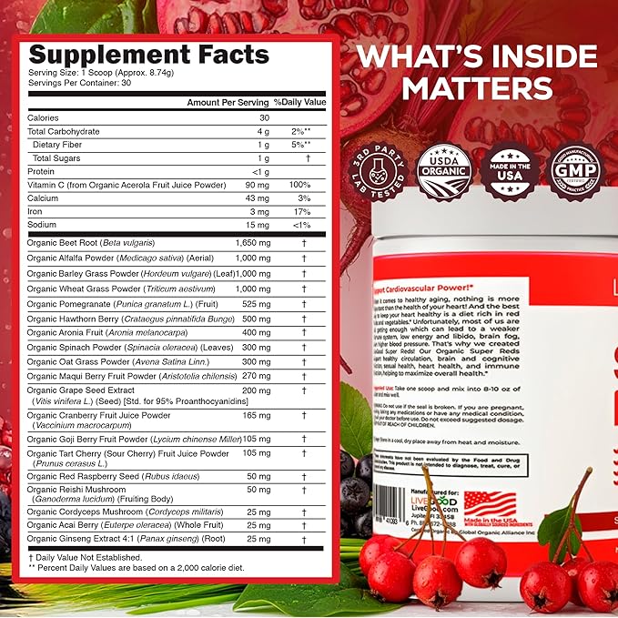 LiveGood Super Reds Organic Superfood Powder with Beetroot and Organic Pomegranate Powder, Antioxidant Fruit Blend and Red Beets Supplements for Daily Energy (30 Servings)