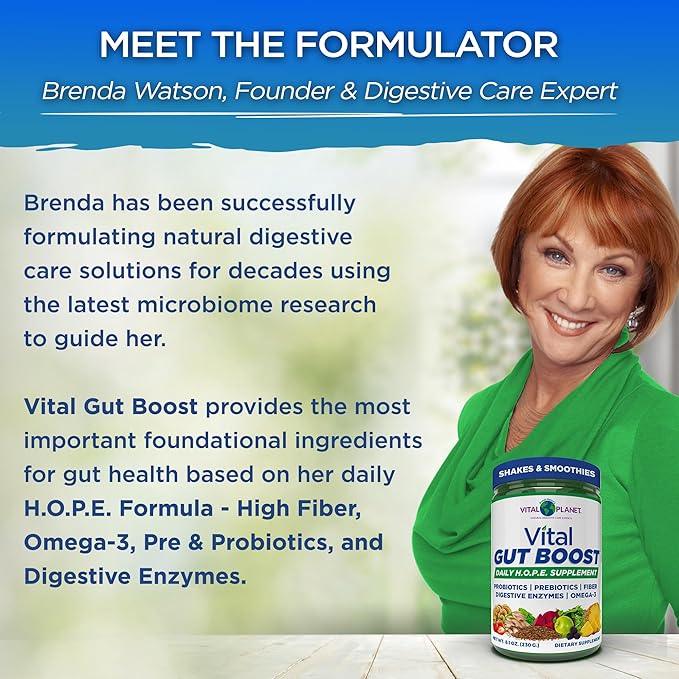 Vital Planet - Vital Gut Boost Powder by Brenda Watson, PBS Gut Check Hope Supplement with Fiber 35, Omega 3 Oil, Probiotics, and Digestive Enzymes, 8.1oz, 230 Grams, 30 Servings