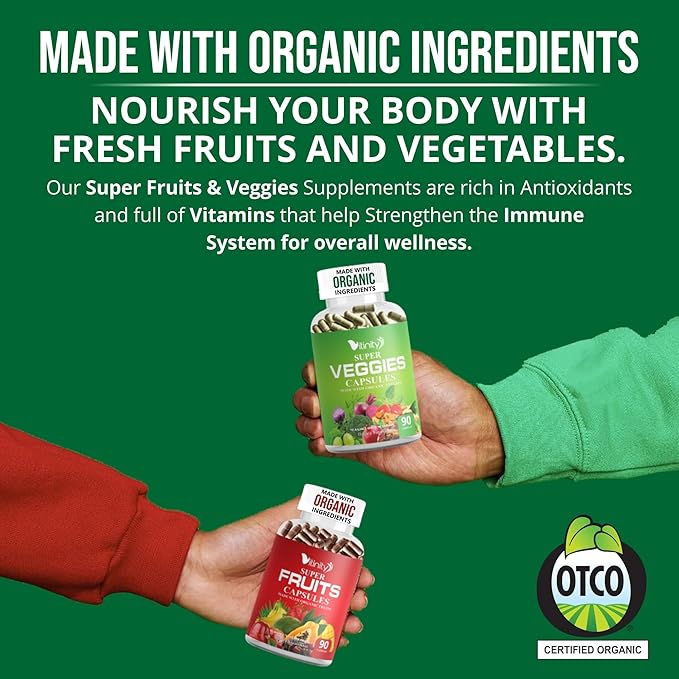 Made with Organic Fruits & Veggies Capsules-Superfood Vegetable Vitamin Supplement for Women & Men-Blend of Fruits and Greens for Daily Health.Fruits and Vegetables Supplements (30-Day Supply)