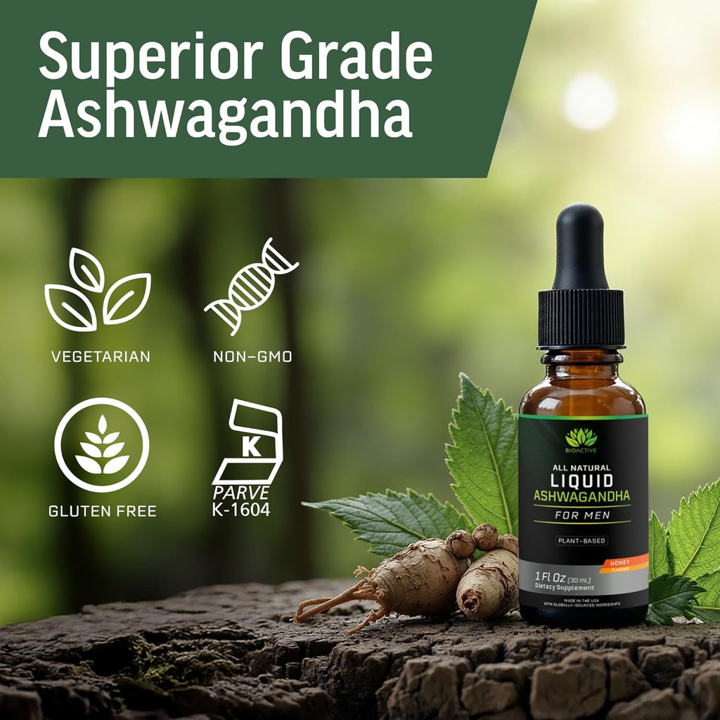 BIOACTIVE Liquid Ashwagandha Drops - Testosterone Health Supplement* - Adaptogen for Stress Support, Men’s Wellness - Organic, Vegetarian, Gluten Free, Non-GMO, 59 Servings (1 Oz, Honey)