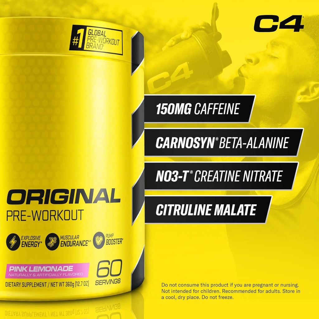 Cellucor C4 Original Pre Workout Powder Pink Lemonade Vitamin C for Immune Support Sugar Free Preworkout Energy for Men & Women 150mg Caffeine + Beta Alanine + Creatine 60 Servings