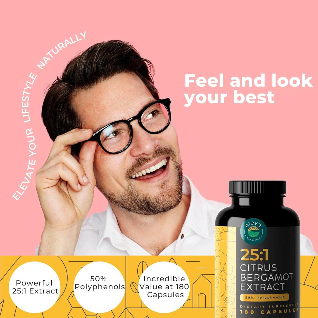 Citrus Bergamot Extract 1000mg Capsules — Natural 25:1 Citrus Bergamot Supplement with 50% Polyphenols Extract and Black Pepper — Natural Formula Vegan and Non-GMO — 180 Capsules