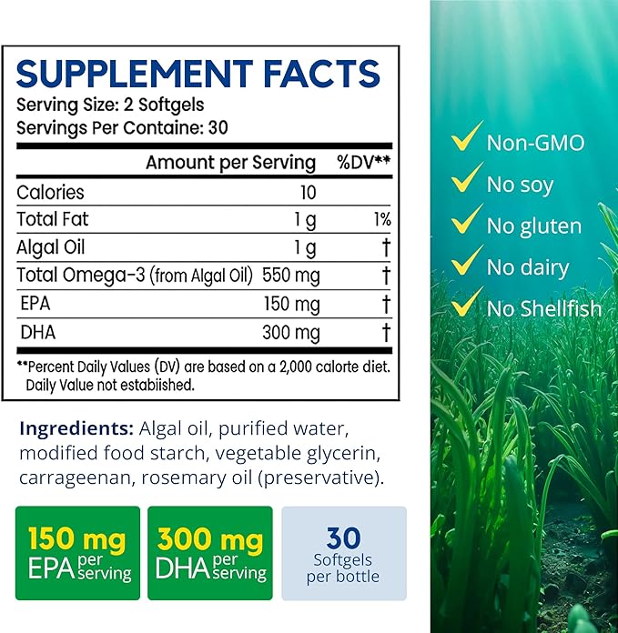 Vegan Omega-3 Fish Oil Alternative from Algae Oil - High Potency EPA & DHA Supplement - Easy to Swallow Small Soft Gel Capsules