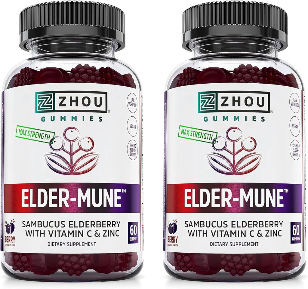ZHOU Elder-Mune Elderberry Gummies - Black Elderberry, Vitamin C, & Zinc, Daily Immune Support Supplement for Women & Men, Natural Chews for Adults & Children 4 & Up - 60 Gummies (2 Pack)