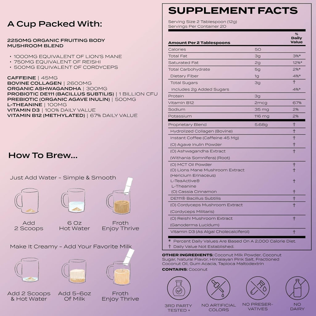 Atlas+ Latte Superblend– Premium Mushroom Coffee with Collagen, Probiotics, D3 & B12, Lion’s Mane, Reishi, Cordyceps, Coconut– for Energy, Focus, Immunity & Gut Health– 40 Servings (2 Bags)