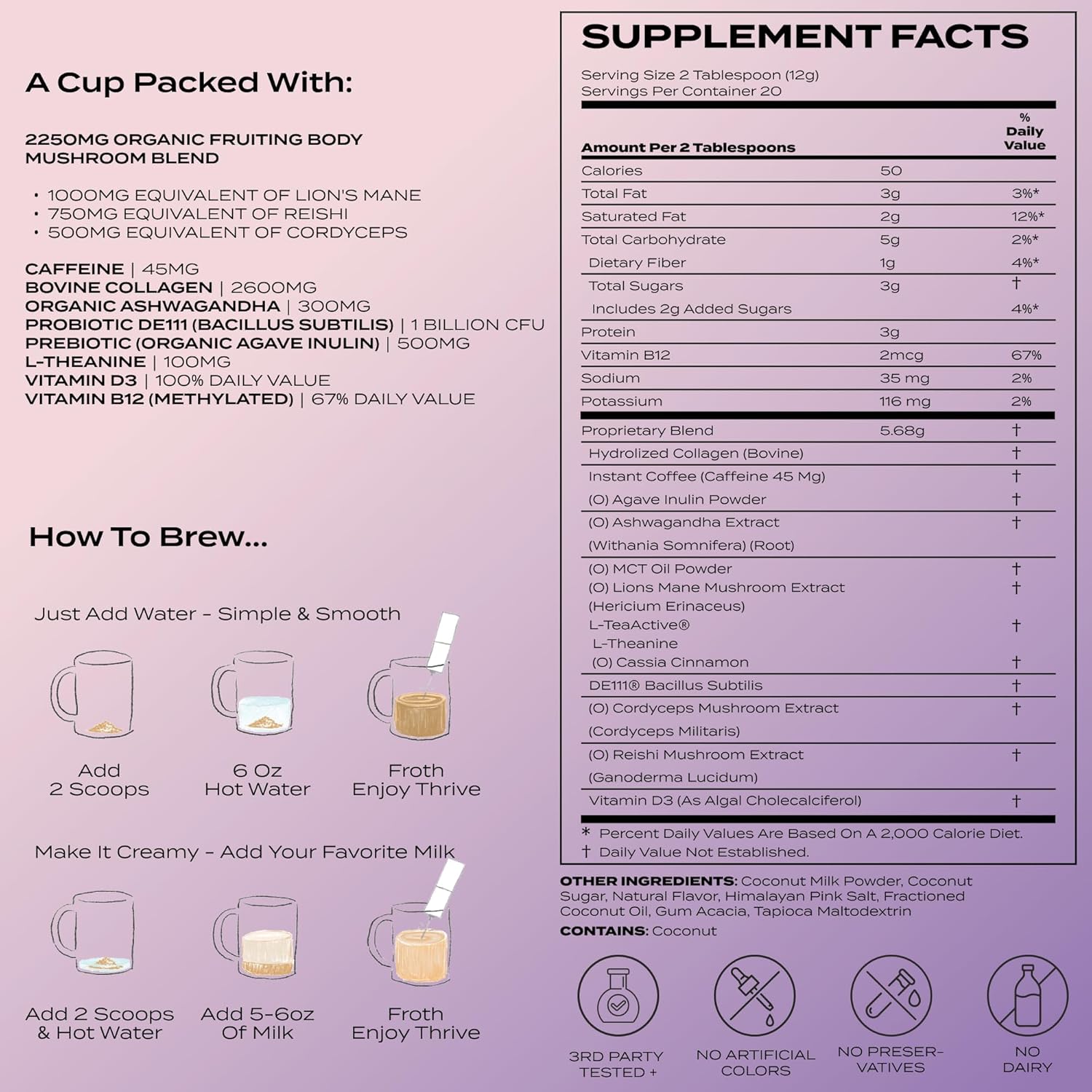 Atlas+ Latte Superblend– Premium Mushroom Coffee with Collagen, Probiotics, D3 & B12, Lion’s Mane, Reishi, Cordyceps, Coconut– for Energy, Focus, Immunity & Gut Health– 40 Servings (2 Bags)