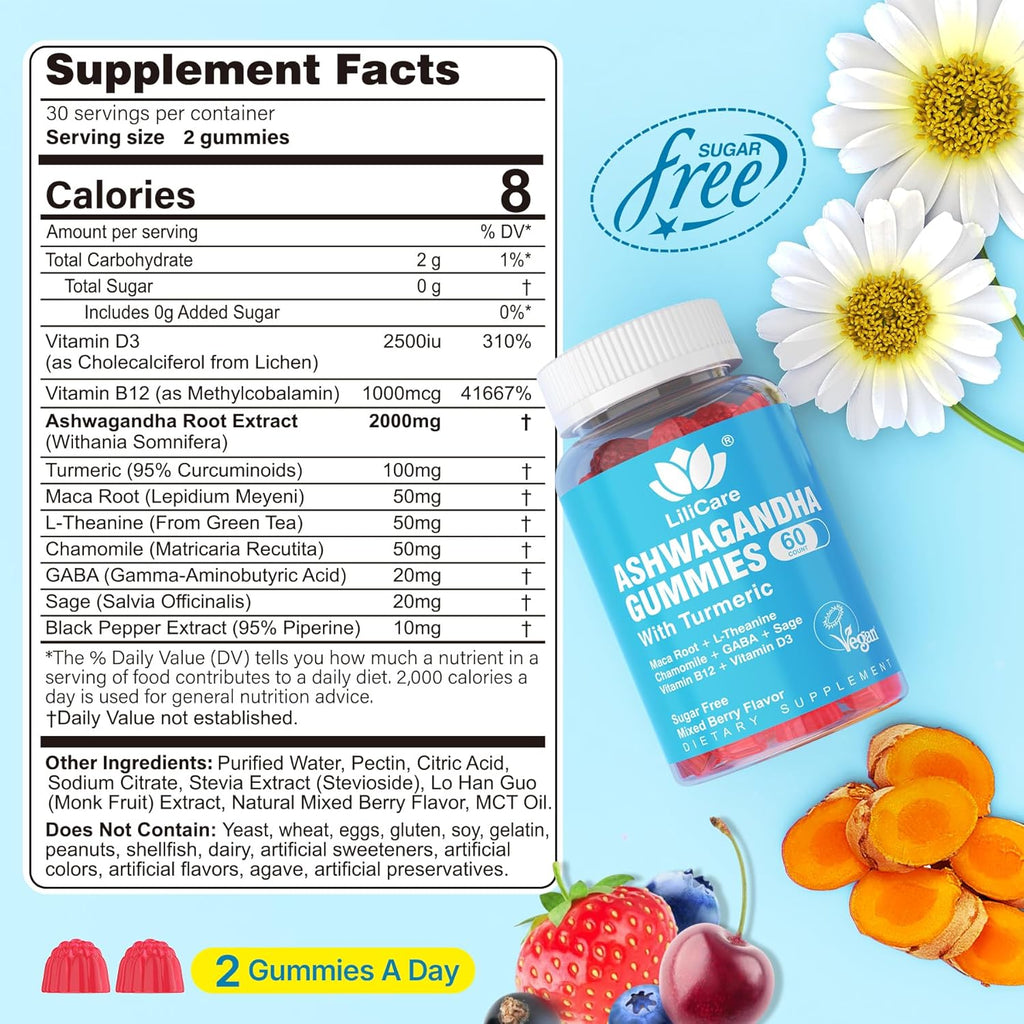 Ashwagandha Gummies, 2000mg Organic Ashwa Root Extract Supplement for Women & Men - 60 Count - Ashwagandha Blend Gummies Combination Supplements