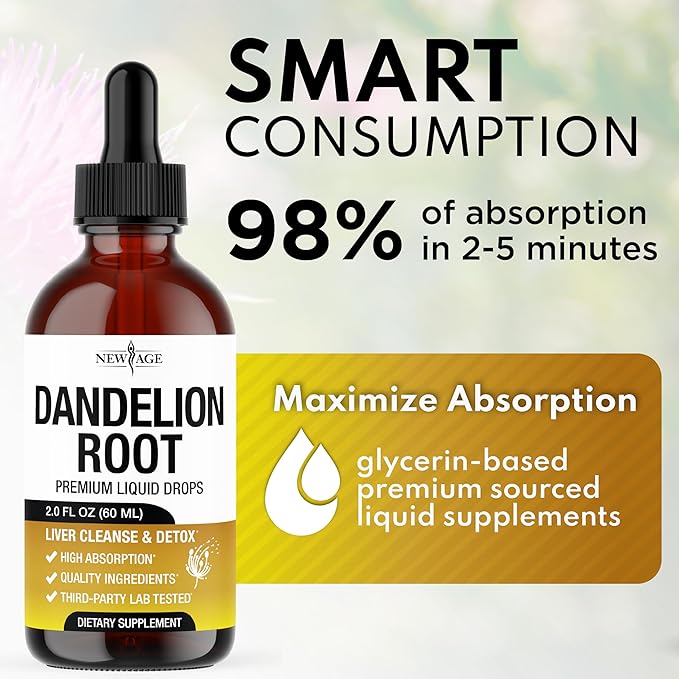 NEW AGE Dandelion Root Extract Drops - Liver Cleanse Detox Support - Dandelion Tincture for Liver Support - Vegan, Sugar & Alcohol-Free Liquid Supplement - 2 fl oz