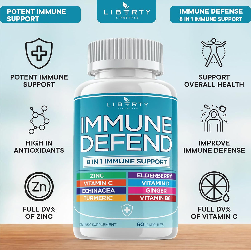 8 in 1 Immune Defense Support, Immunity Capsules Supplement with Echinacea Zinc 50mg, Vitamin C, D3 5000 IU, Turmeric Curcumin & Ginger, Echinacea - for Kids Adults (1 Pack)