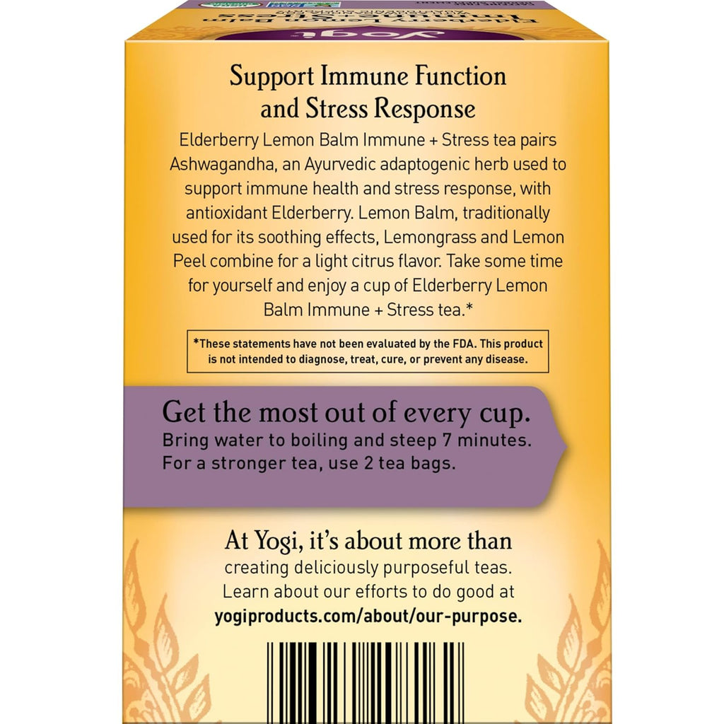 Yogi Tea Elderberry Lemon Balm Immune & Stress Tea - 16 Tea Bags per Pack (6 Packs) - Organic Immune Support Tea - Includes Ashwagandha Root, Lemon Balm Leaf, Lemongrass, Licorice Root & More.
