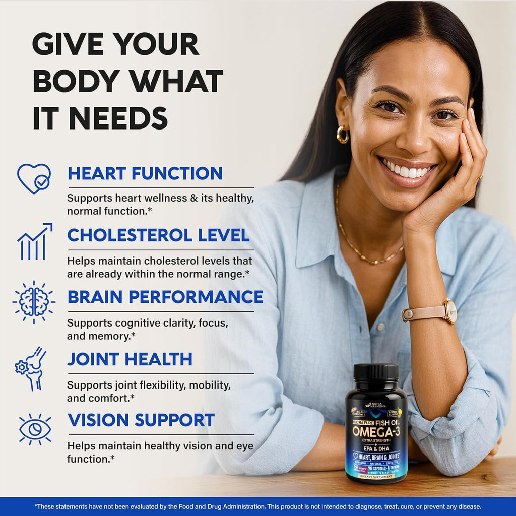 Omega 3 Fish Oil 3600 mg - Omega 3 Supplement | EPA & DHA - Heavy Metals Free - Heart, Brain & Joint Support - Purified Fish Oil for Men & Women - Burpless, Lemon Flavored - Made in USA, 120 Softgels