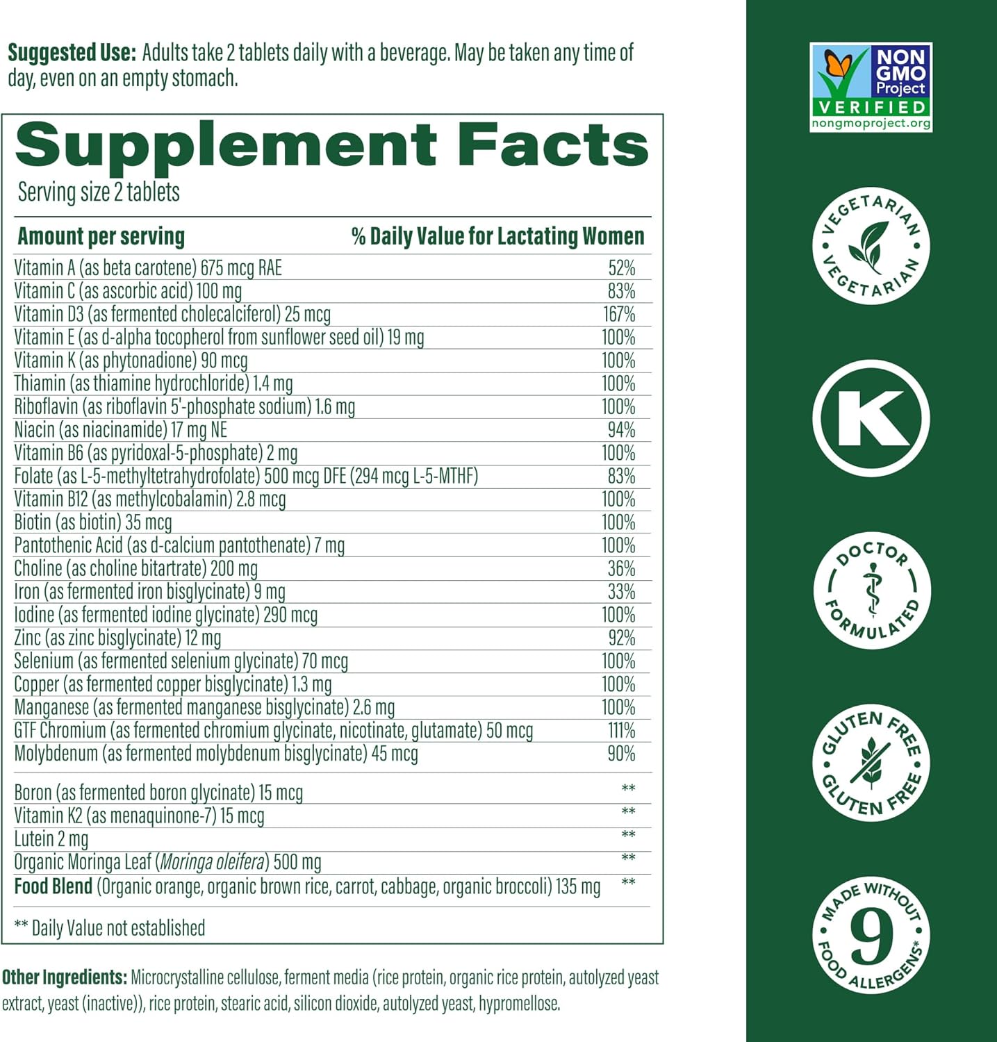 MegaFood Baby & Me 2 Postnatal Vitamins for Women Breastfeeding with Folate (Folic Acid Natural Form), Choline, Iodine, Vitamin D, Moringa Leaf and More - 60 Tabs (30 Servings)