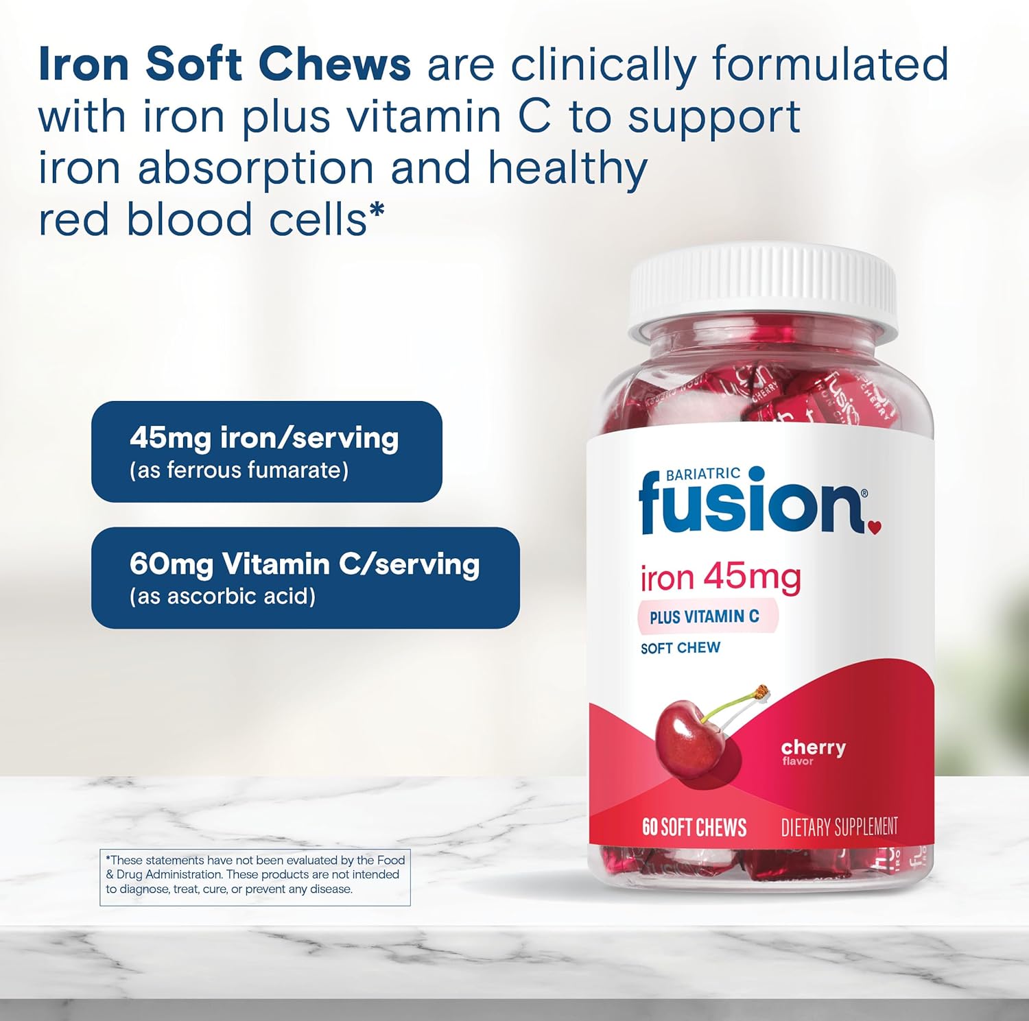 Bariatric Fusion Iron Supplement for Women Anemia | Chewable Iron with Vitamin C | Cherry Flavored Soft Chew | Gentle on Stomach Ferrous Fumarate for Women and Men | Gluten Free | 60 Count