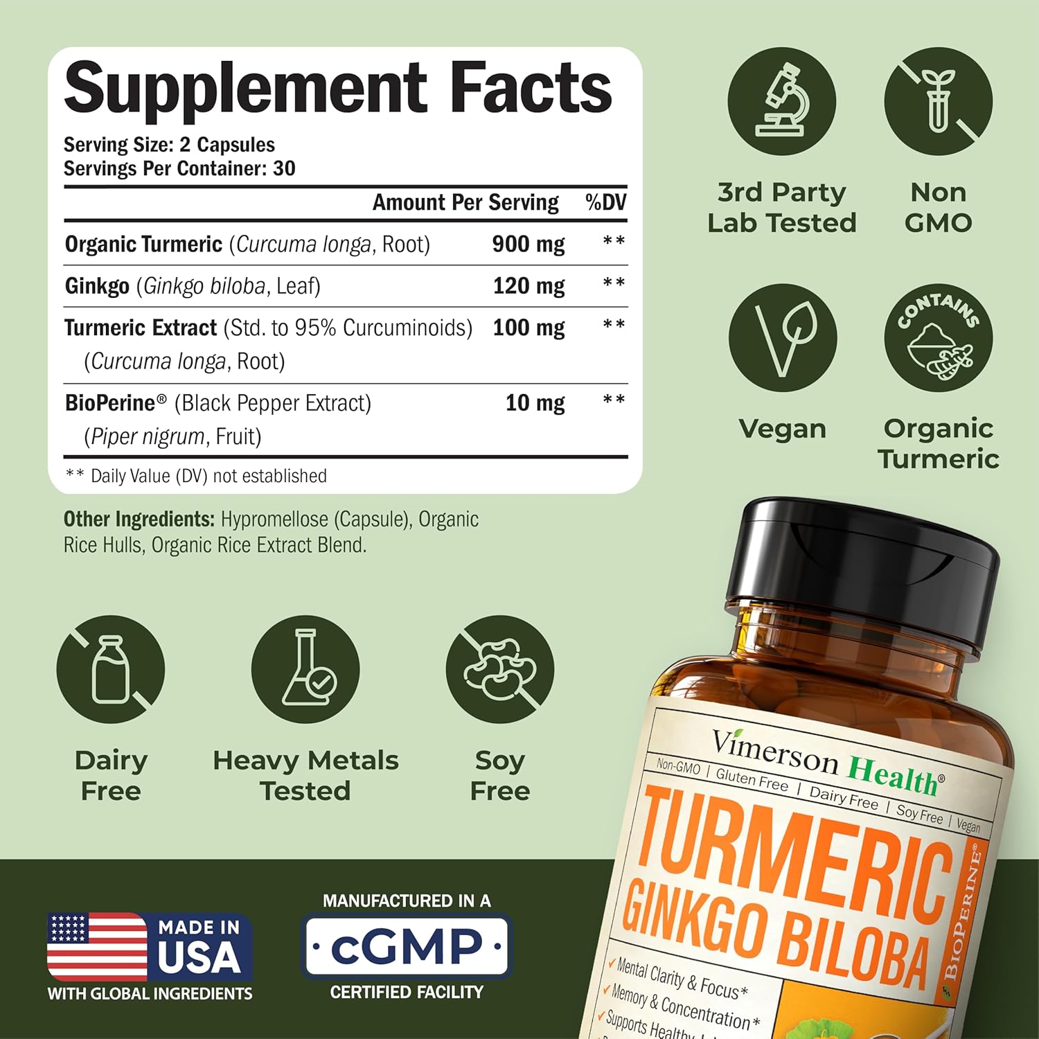 Turmeric Curcumin Supplement with Ginkgo Biloba & Black Pepper – Natural Turmeric Supplement with Organic Tumeric for Joint Support, Brain Clarity, Focus & Memory – Vegan, 60 Ginko Biloba Capsules