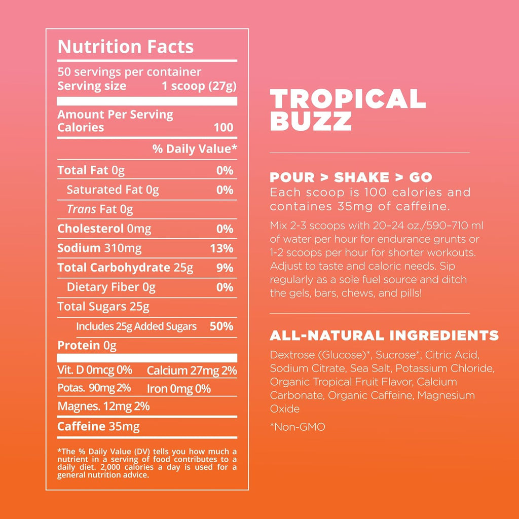 Tailwind Nutrition Endurance Fuel, Carbohydrate & Electrolyte Sports Drink Mix Powder, Gluten-Free, Vegan, Tropical Buzz, 30 Servings (Caffeinated)