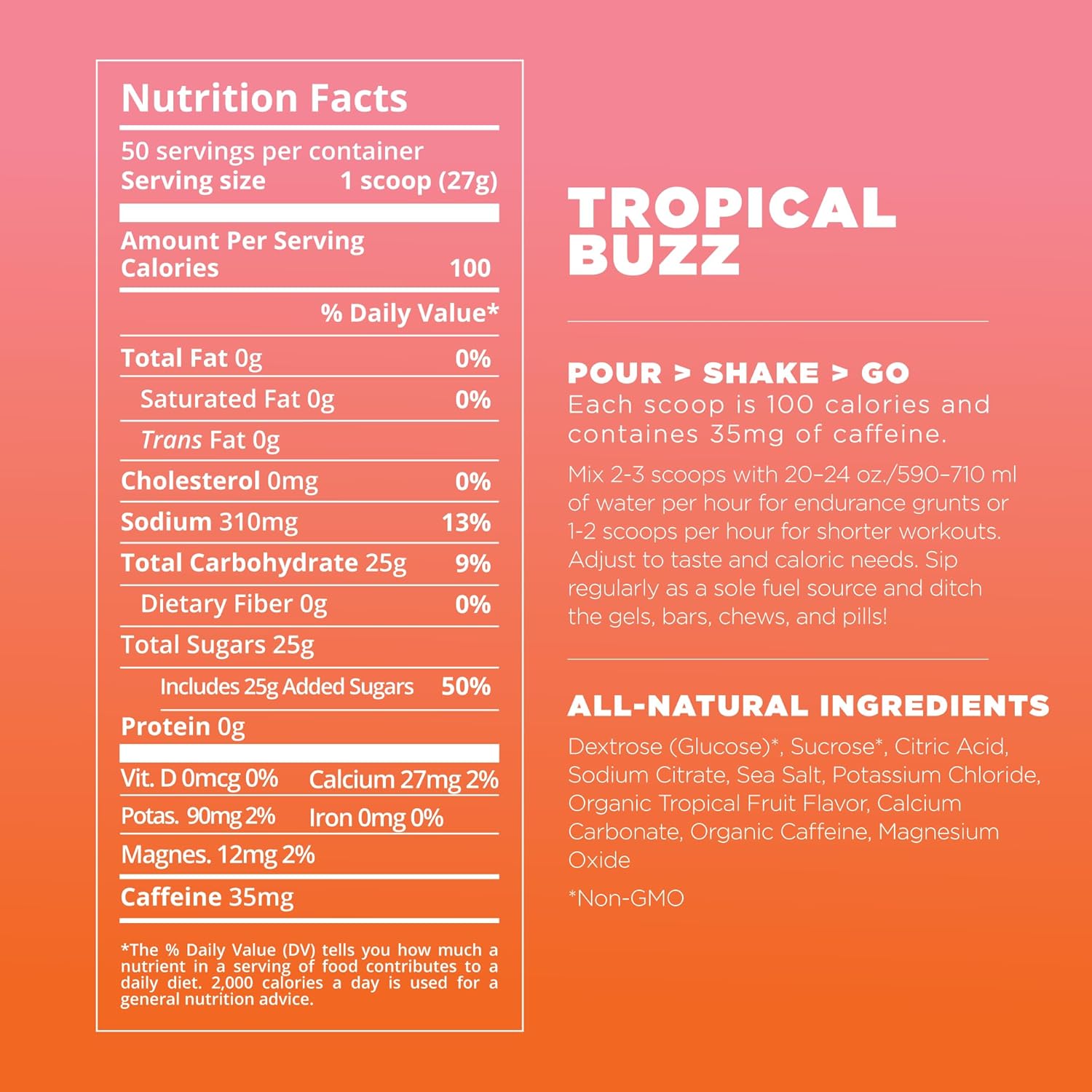 Tailwind Nutrition Endurance Fuel, Carbohydrate & Electrolyte Sports Drink Mix Powder, Gluten-Free, Vegan, Tropical Buzz, 30 Servings (Caffeinated)