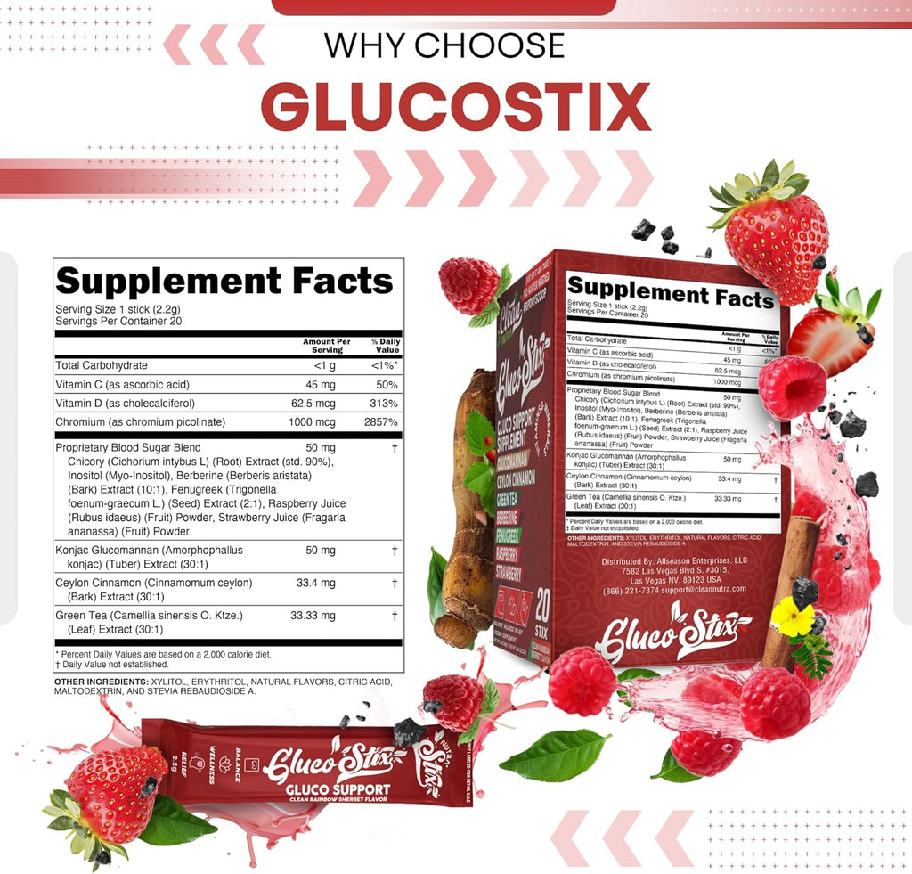 Clean Nutraceuticals Ceylon Cinnamon Powder, Green Tea Extract, Glucomannan, Berberine Supplement, Chromium Picolinate, Apple Cider Vinegar – Rainbow Sherbet Powder Sticks - 20 Count