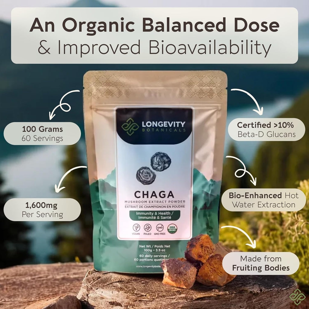 Longevity Botanicals Organic Chaga Mushroom Extract Powder 100g | Concentrated 10:1 Ratio | 100% Fruiting Bodies | Inonotus Obliquus Natural Supplement for Immune Function, Antioxidants & Vitality