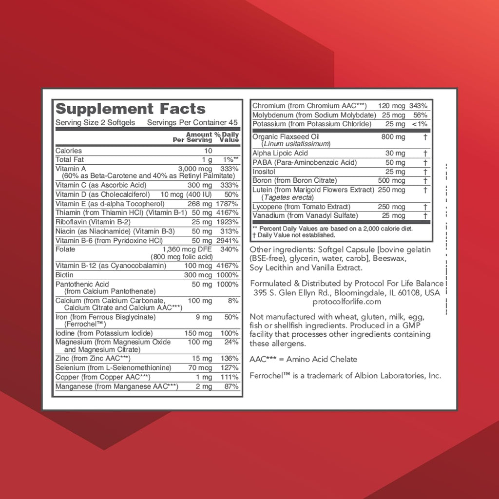 Protocol Ortho Multi - Complete Vitamins & Minerals Complex* - Multivitamin with Lutein, Lycopene & Flax Seed Oil - Egg Free & Keto Friendly - 90 Softgels