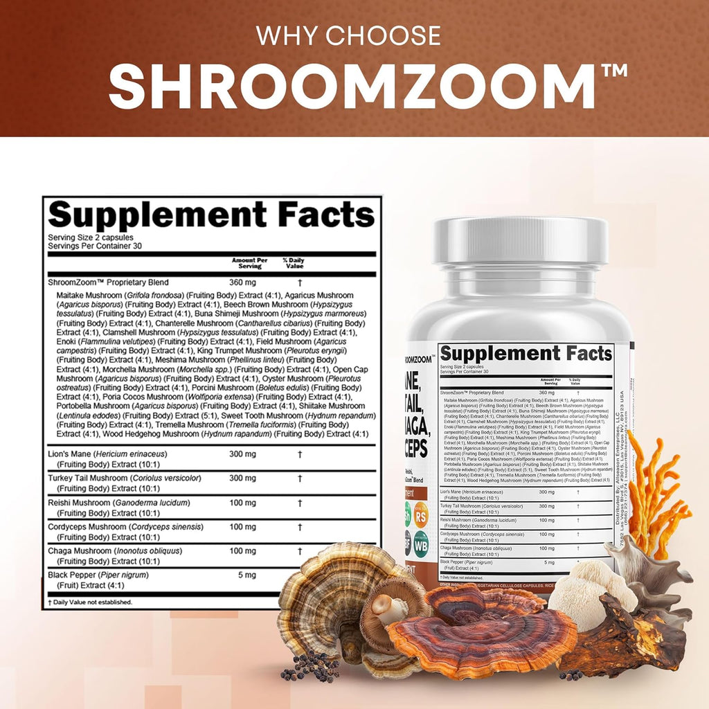 Clean Nutraceuticals Lions Mane 20in1 Mushroom Supplement with Turkey Tail Reishi Cordyceps Chaga Maitake Meshima Poria Cocos Shiitake Oyster Porcini Enoki - 1 Pack