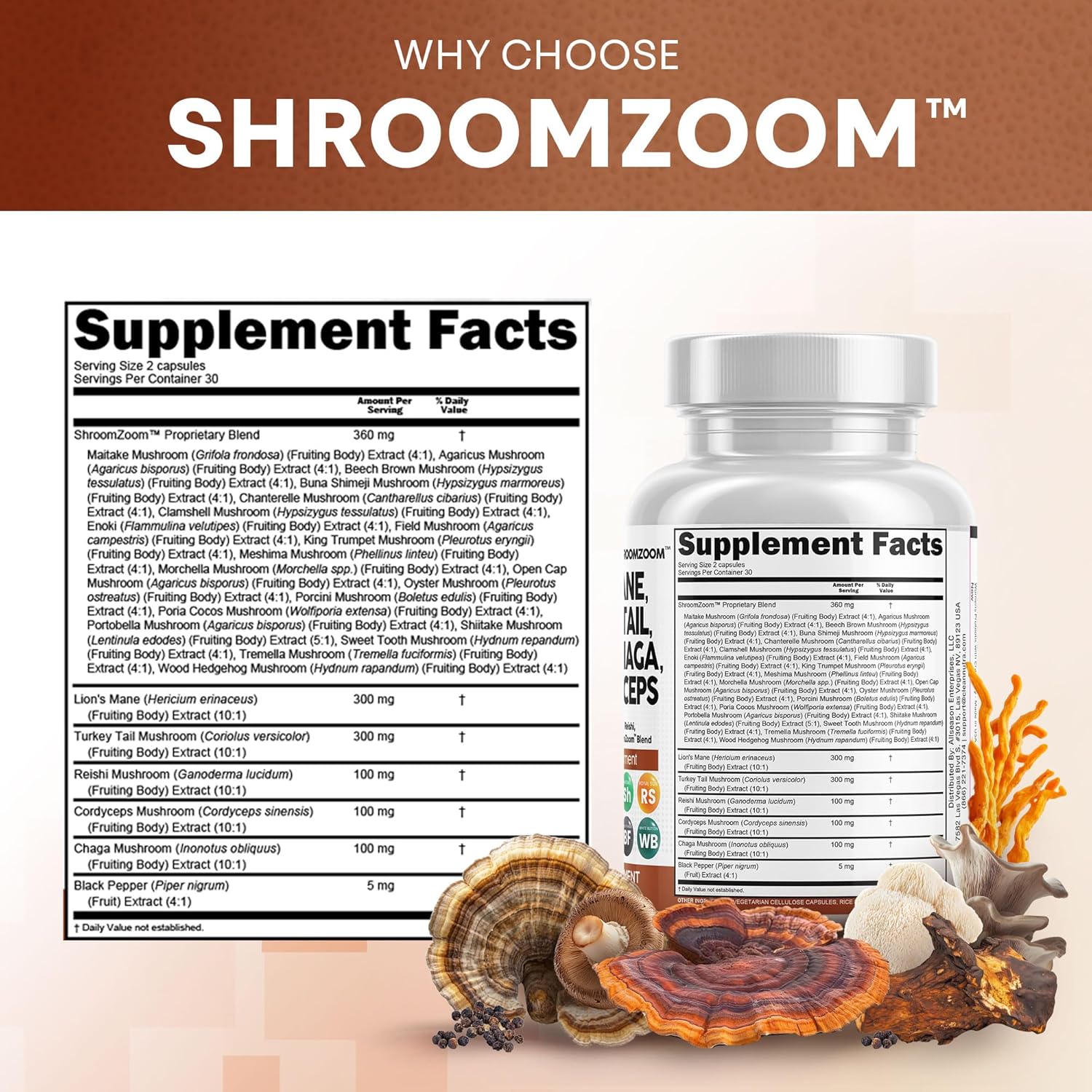 Clean Nutraceuticals Lions Mane 20in1 Mushroom Supplement with Turkey Tail Reishi Cordyceps Chaga Maitake Meshima Poria Cocos Shiitake Oyster Porcini Enoki - 1 Pack