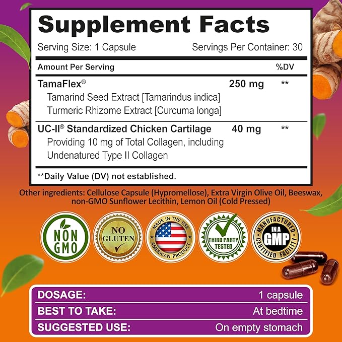 Joint Support Supplement with UC-II® & TamaFlex® – Undenatured Type II Collagen, Turmeric & Tamarind for Joint Health, Flexibility & Mobility – Natural Cartilage Support – Glucosamine-Free Capsules