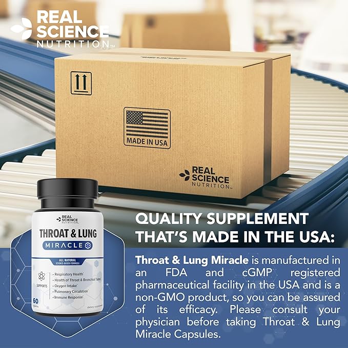 Real Science Throat & Lung Detox Capsules to Clear Mucus, Sore Throat & Support Breathing – Lung Support Supplement with Vinitrox, GABA, Vitamin C & D for Long-Term Cough & Respiratory Relief, 60 Caps