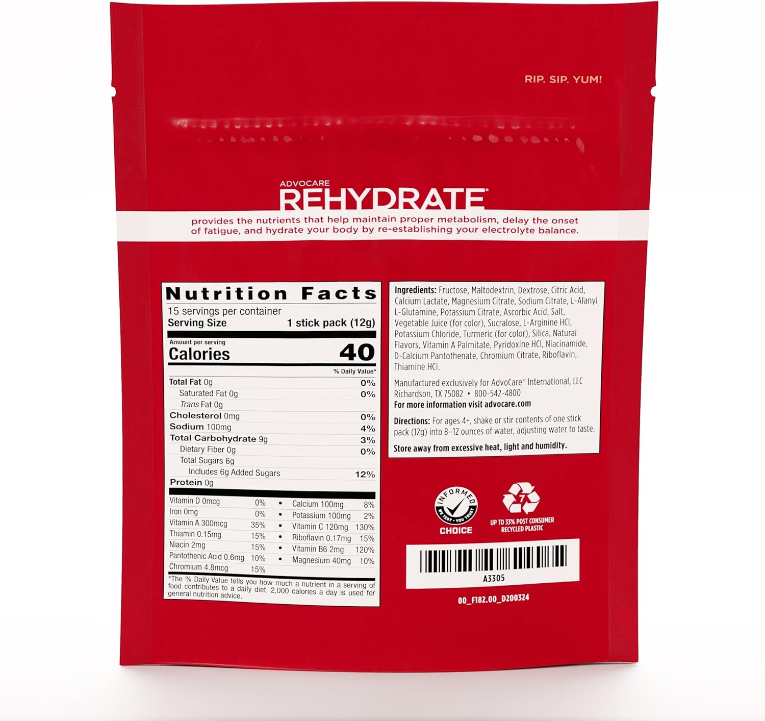 AdvoCare Rehydrate - Electrolyte Drink Mix - Includes Magnesium, Sodium, Potassium & Calcium - Antioxidant & Amino Acid Fortified - Hydration & Recovery - Pomegranate Tangerine, 15 Sticks (6.3 oz)