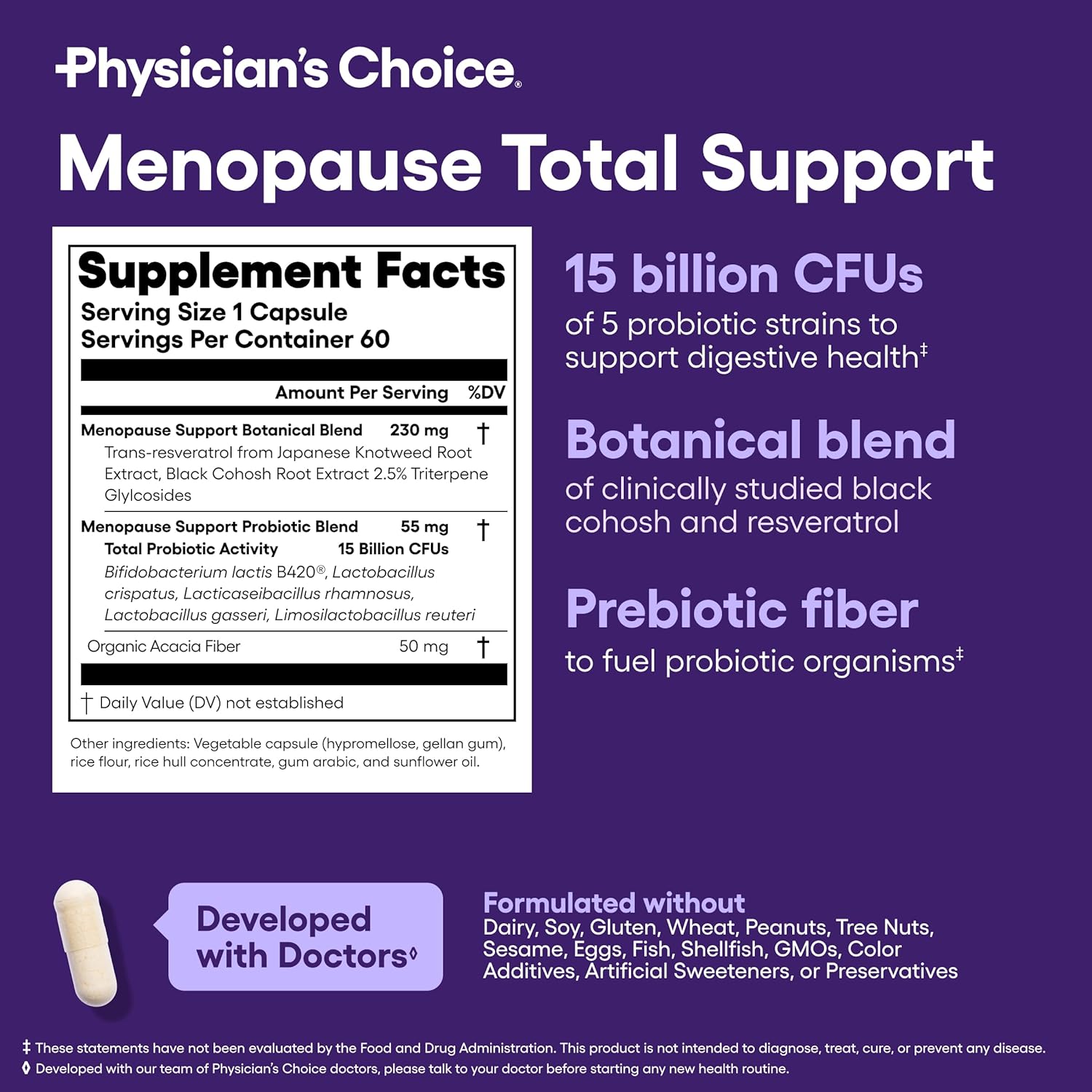 Physician's CHOICE Menopause Probiotic Supplement for Women - Supports Hormone Balance, Hot Flashes, Night Sweats, Weight Management, Bloating & Gut Health - with Black Cohosh, Resveratrol+ - 60ct