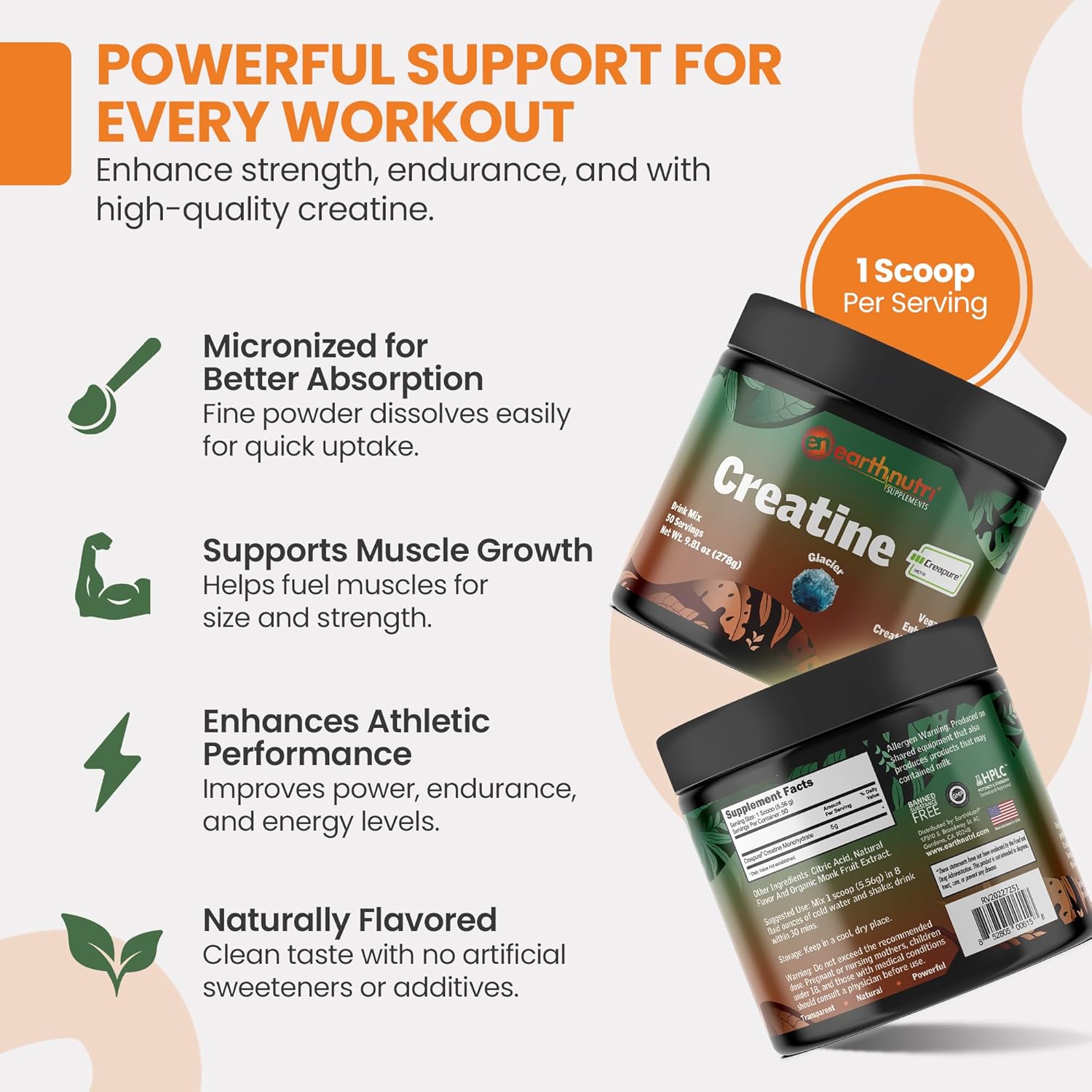 EarthNutri Creatine Monohydrate Powder - Pure Creatine Supplement for Muscle Strength, Strength & Performance - Non-GMO, Sugar-Free, Additive-Free – for Men & Women, Flavored 250g