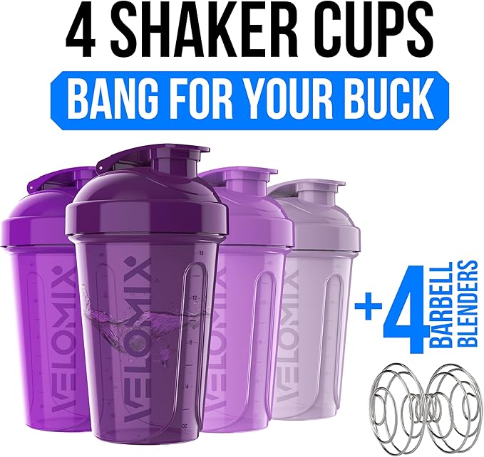 VELOMIX -4 PACK- 20 OZ Protein Shaker Bottles for Protein Mixes, Shaker Cups for Protein Shakes, Small Shaker Bottle Pack, Shaker Cup, Shakers for protein Shakes (Purple Bloom)