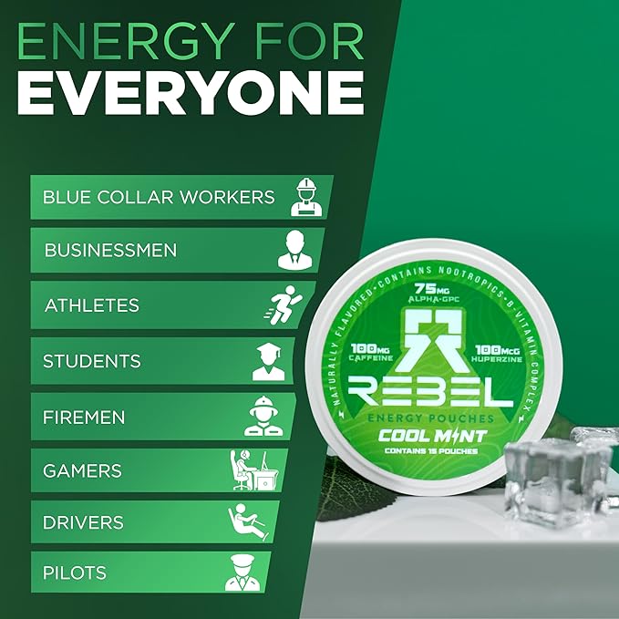 Nootropic Energy Caffeine Pouches (Cool Mint) • 100mg Caffeine • Alpha GPC • Huperzine A & Essential Vitamins • Sugar-Free • Coconut Fiber Technology • 15 Pouches Per Can (Pack of 1)
